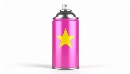 Pink spray paint can with yellow star design, metallic nozzle, plain white background, bold graphic style.