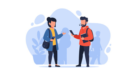 Two diverse professionals engage in a casual discussion using mobile devices. Ideal for concepts of communication, technology, education, or modern business interaction.