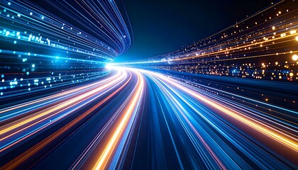 Streaking Lights of a Futuristic Highway at Night, Blue and Orange Trails.