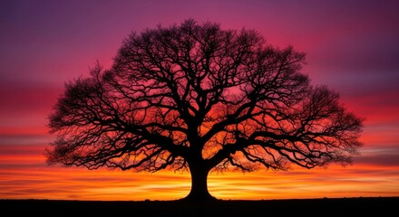 Photo of a majestic oak tree silhouette stands against a vibrant sunset sky with hues of orange, pink, and purple, creating a dramatic and beautiful natural landscape