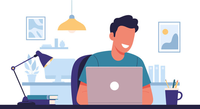 Smiling person productively working on a laptop in a comfortable home office setup, ideal for concepts of remote work, online learning, or freelancing.