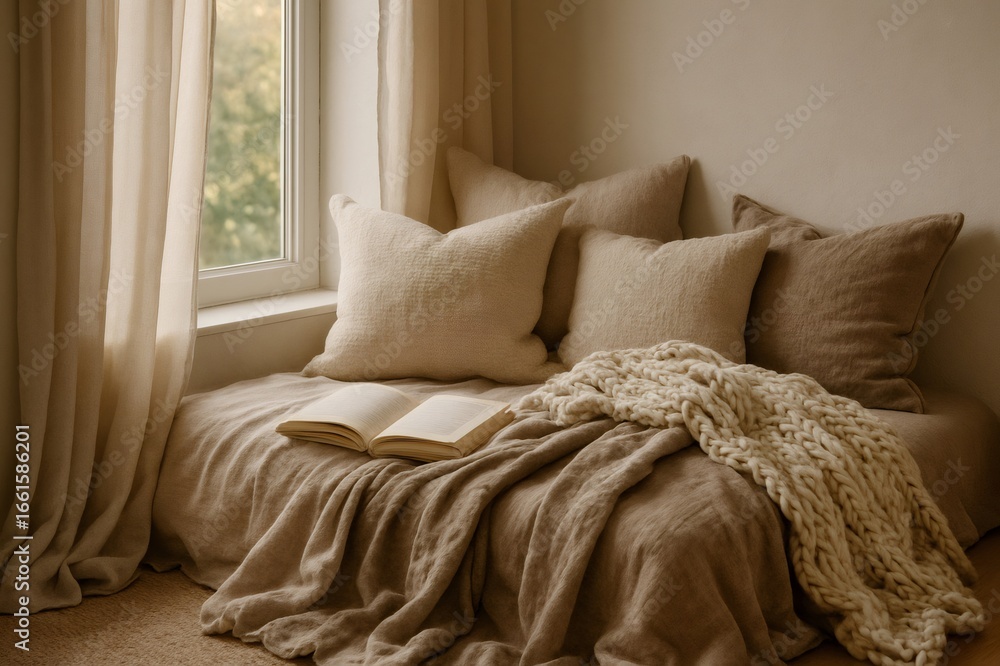 Poster open book resting on cozy daybed with knitted blanket and linen pillows in reading nook by window wi