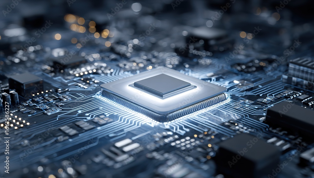 Poster a high-resolution, detailed photo of an ai chip with its core in the center on top of a circuit boar