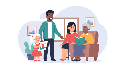 Joyful multi-generational family at home. Child proudly shows artwork, parents smile, and grandmother reads, illustrating support and connection.