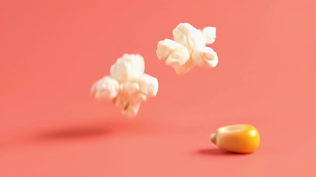A single piece of popped popcorn levitating above an unpopped corn kernel, representing a concept of transformation and growth on a pink background.