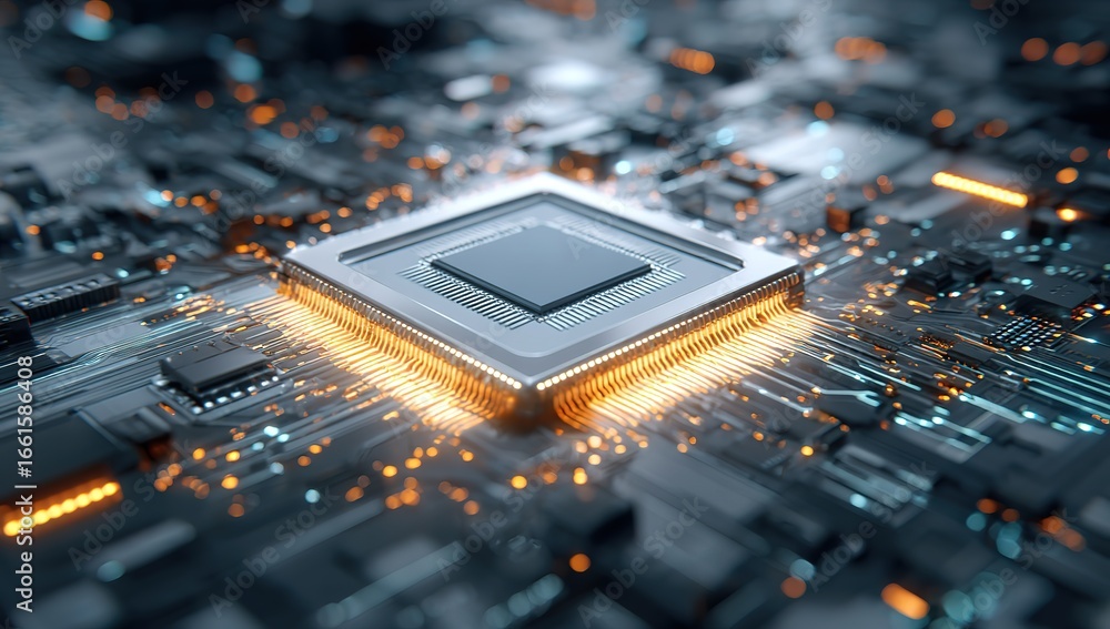 Poster a high-resolution photograph of an integrated circuit with a central chip and surrounding components