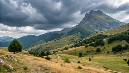 Mijanès Summit in the Pyrenees Arid mountain pastures in summer with cloudy skies