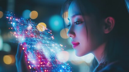 Captivating asian woman interacts with futuristic digital network interface