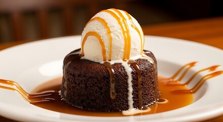Decadent Chocolate Lava Cake with Vanilla Ice Cream and Caramel Drizzle