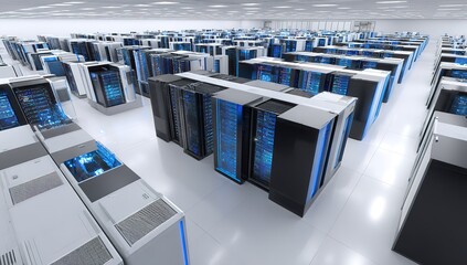 A large server room with rows of black and blue mainframe computers in the center
