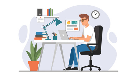 Productive young man working on a laptop in a tidy home office, ideal for remote work, study, or freelance business concepts.