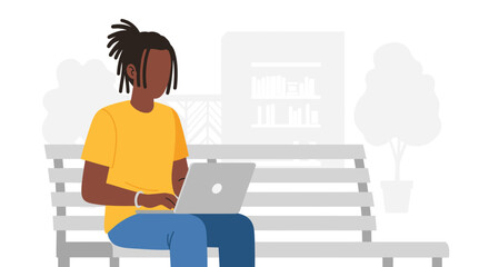 Young Black person with dreadlocks working on laptop in a minimalist outdoor setting, symbolizing remote productivity and modern education.