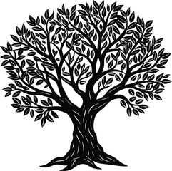 Obraz premium Detailed Tree with Leaves Vector Illustration Black Silhouette