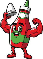 Strong muscular ketchup bottle cartoon character flexing arms, funny food mascot, vector illustration, healthy food concept, smiling anthropomorphic condiment bottle