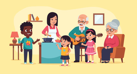 Happy multi-generational family spending quality time at home, with parents cooking and grandparents playing music for the children. Represents joy and bonding.