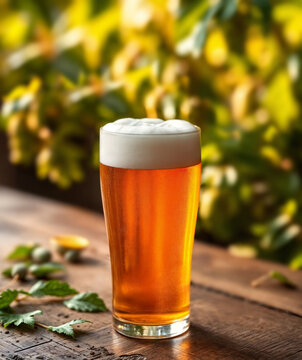 Golden beer served in a clear glass on a rustic wooden table surrounded by greenery in a warm afternoon light
