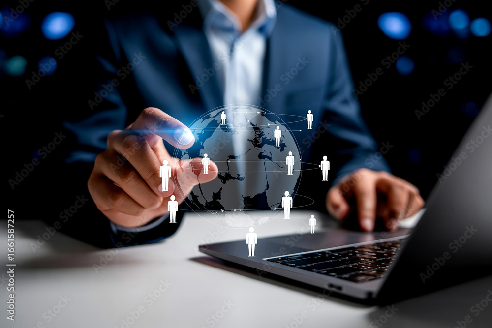Aufkleber global networking and digital connections businessman connecting with worldwide team using laptop fo