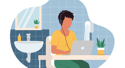 Remote worker with headphones focused on laptop, symbolizing modern work-from-home flexibility and digital lifestyle in a unique home environment.