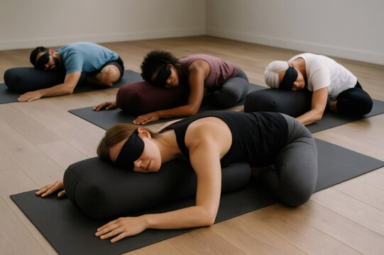 Athletes practicing supported child's pose with bolsters and eye masks, enjoying relaxation and mindfulness during a calming yin yoga session