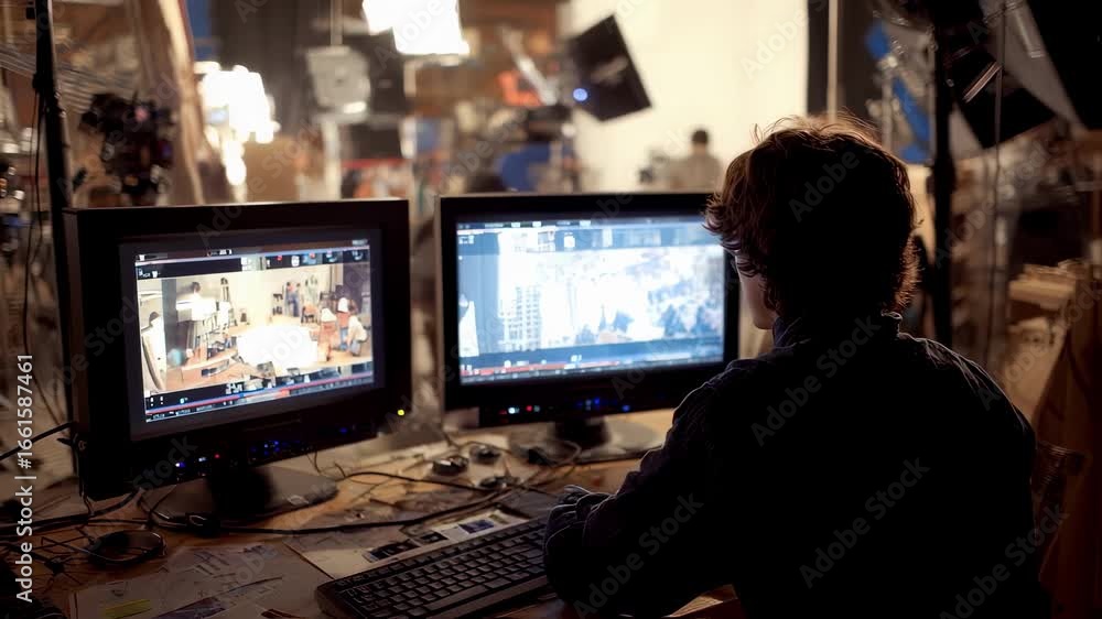 Poster behindthescenes view of a camera operator monitoring shot composition on a digital display amid busy