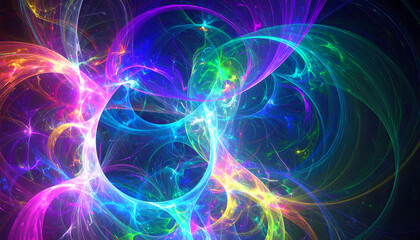 Naklejka premium Mesmerizing abstract background featuring colorful, energetic fractal pattern. This glowing, futuristic design shows vibrant cosmic vortex with ethereal light waves