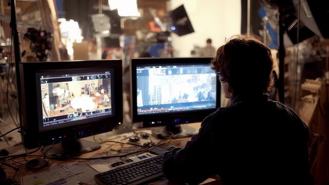 Behindthescenes view of a camera operator monitoring shot composition on a digital display amid busy film set activity and production equipment.