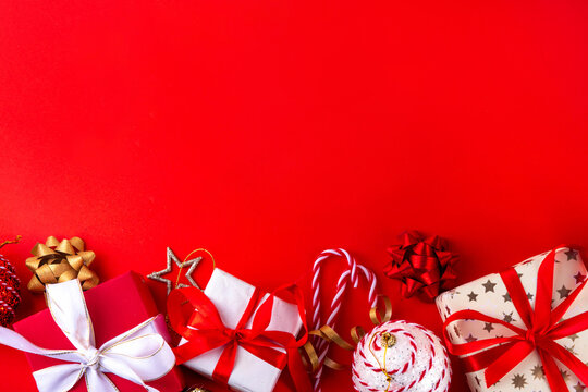 Boxing day Christmas background with gift boxes and baubles