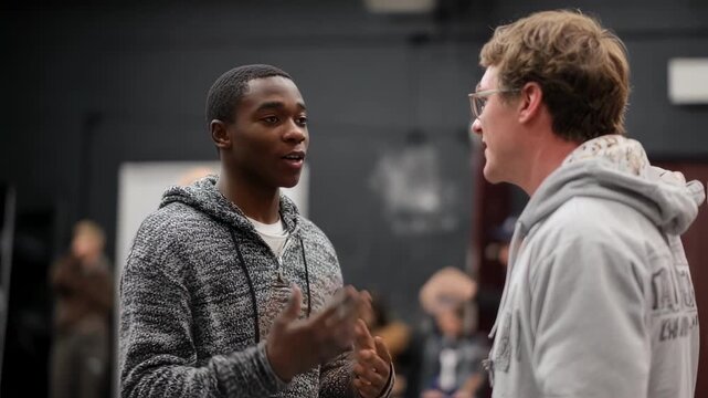 A young actor practices monologue pacing and gestures midrehearsal with a director observing thoughtfully to suggest adjustments for scene authenticity.