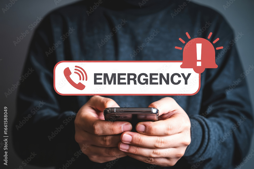 Poster critical emergency call notification on mobile phone displaying low feedback alert with red phone ic
