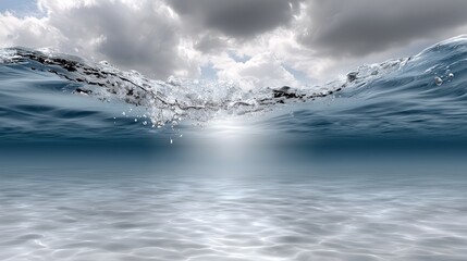 Waves crashing against the surface with sunlight breaking through clouds