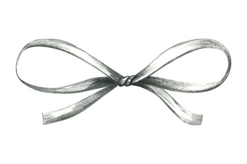 Decorative ribbon bow in monochrome realistic style, hand drawn line art illustration in grey graphite pencil, perfect isolated element for design, packaging, invitations and gift decor.