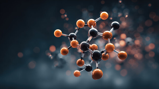 Detailed molecular ball and stick model of complex organic compound is depicted, showcasing interconnected atoms with vibrant colors against blurred background, evoking sense of scientific