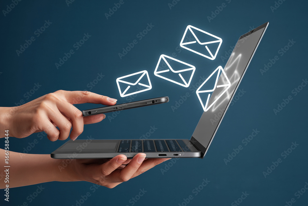Poster data transfer mobile phone and laptop displaying email icons with low feedback for seamless connecti