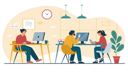 Diverse team of professionals collaborating and working productively on computers in a modern office or coworking space. Ideal for business, technology, or remote work concepts.