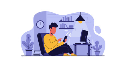 A person comfortably uses a smartphone with wireless internet in a modern home office setting. Ideal for remote work, online communication, and digital lifestyle concepts.