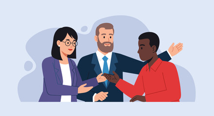 Diverse business professionals collaborate and communicate, symbolizing partnership, negotiation, and inclusive teamwork in a corporate setting. Ideal for business and HR concepts.
