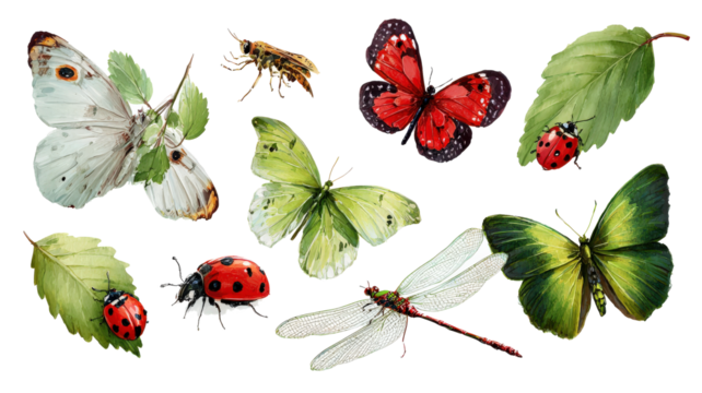 Colorful butterflies, dragonflies, and ladybugs rest on vibrant green leaves, showcasing nature beauty and diversity. scene is lively and enchanting