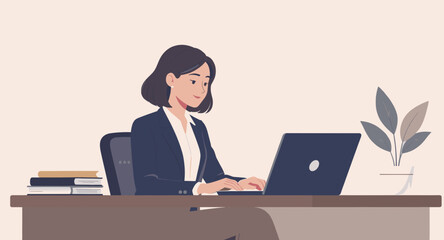 Professional woman working diligently on her laptop at a modern desk. Ideal for concepts of productivity, remote work, online education, and business success.