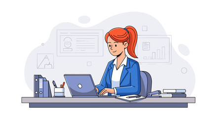 Professional businesswoman diligently working on her laptop at an office desk, illustrating concepts of productivity, corporate efficiency, remote work, and modern career women.