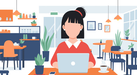 Professional woman focused on laptop in a modern cafe or co-working space, enjoying coffee. Ideal for remote work, business, and lifestyle concepts.