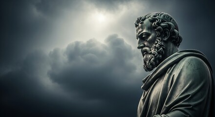A contemplative statue of an ancient philosopher stands against a stormy sky, symbolizing wisdom, history, and the enduring power of thought, with the monuments artistic details highlighted