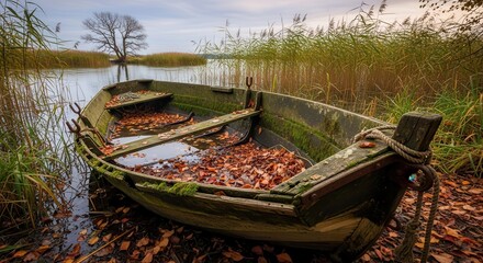 Photo of an old, weathered wooden rowboat filled with fallen autumn leaves rests on the grassy shore of a calm lake, with reeds and a distant tree under a cloudy sky