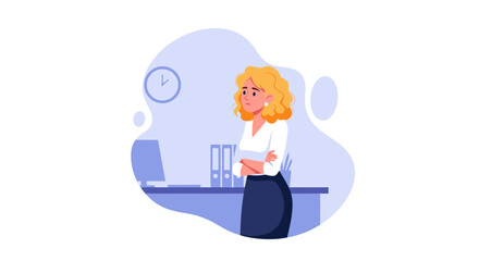 Worried businesswoman with crossed arms at her office desk, expressing stress or dissatisfaction in a professional environment.