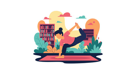 Woman practicing a complex yoga pose on a mat, emphasizing balance, wellness, and mindful living in a serene home environment.