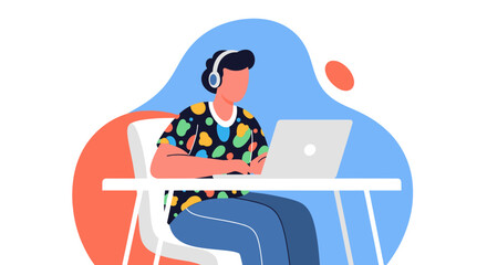 Focused individual with headphones working on a laptop at a desk. Represents remote work, online learning, digital productivity, and modern lifestyle.