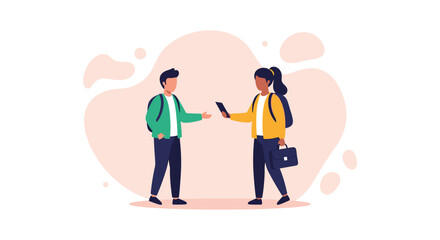 Modern illustration of two diverse individuals exchanging digital information, symbolizing communication, collaboration, and education in a digital age.