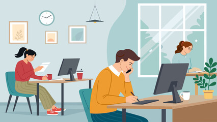 Diverse professionals working productively in a modern office, collaborating and communicating. Ideal for business, remote work, or lifestyle content.