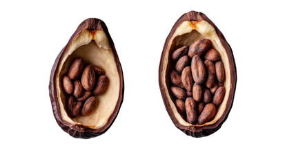Obraz premium Cocoa pods with raw beans isolated on white background