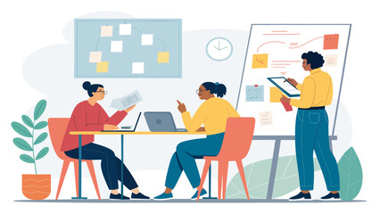 Diverse team collaborates in a modern office, brainstorming ideas and developing strategies for business growth and innovation.