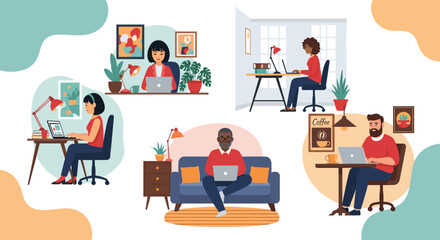 People of diverse backgrounds working on laptops from comfortable home environments, illustrating remote work, productivity, and modern business.